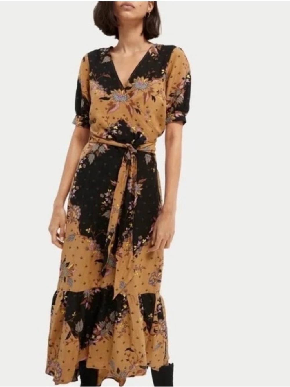 Scotch & Soda Black Floral Dress with Mustard and Purple Print